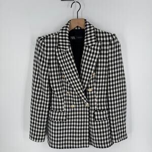 ZARA Black White Houndstooth Double Breasted Blazer Gold Button Tweed Size Small